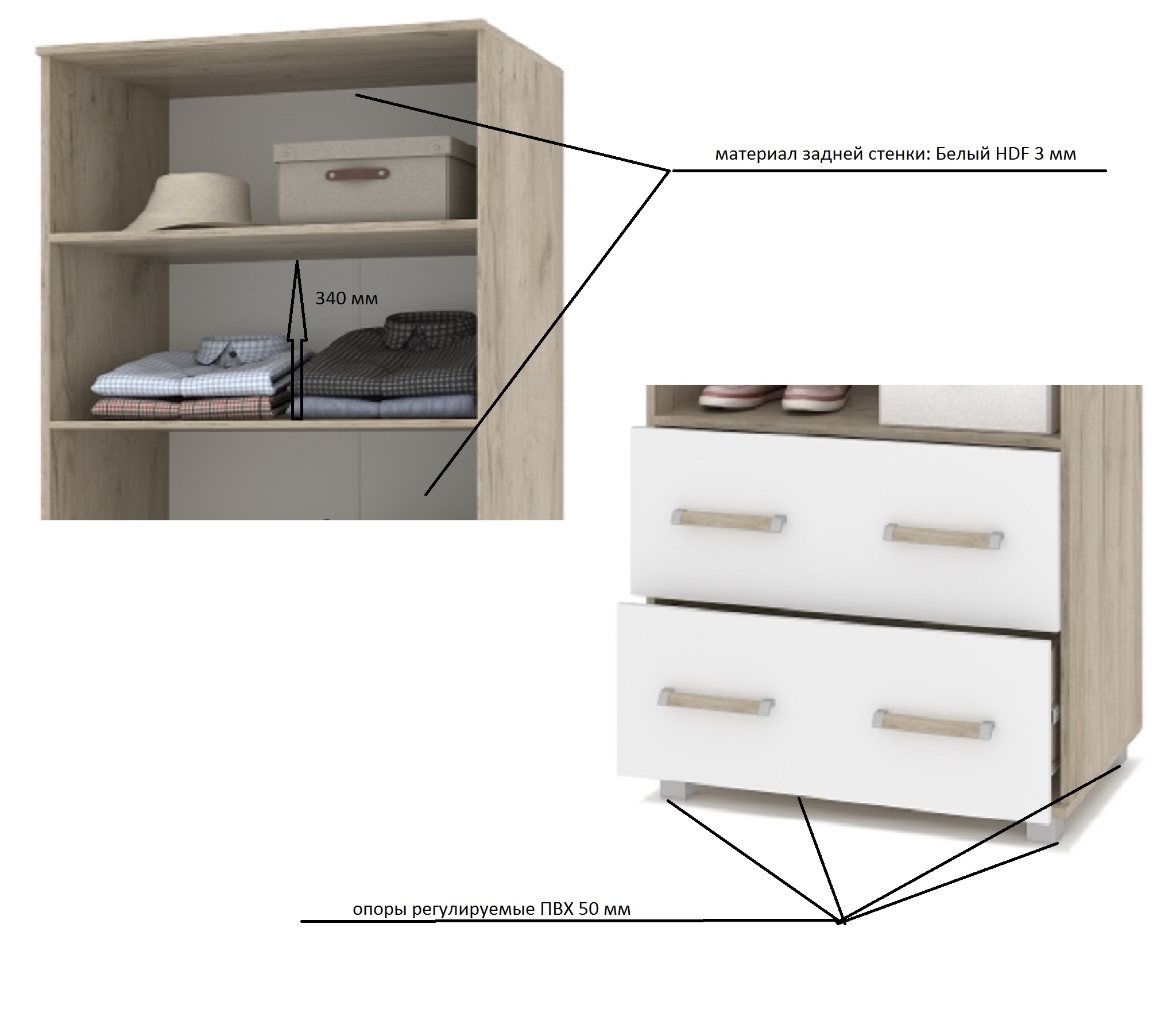 картинка Шкаф 800 для белья с ящиками Вира-23 Серый дуб/Белый от магазина мебели
