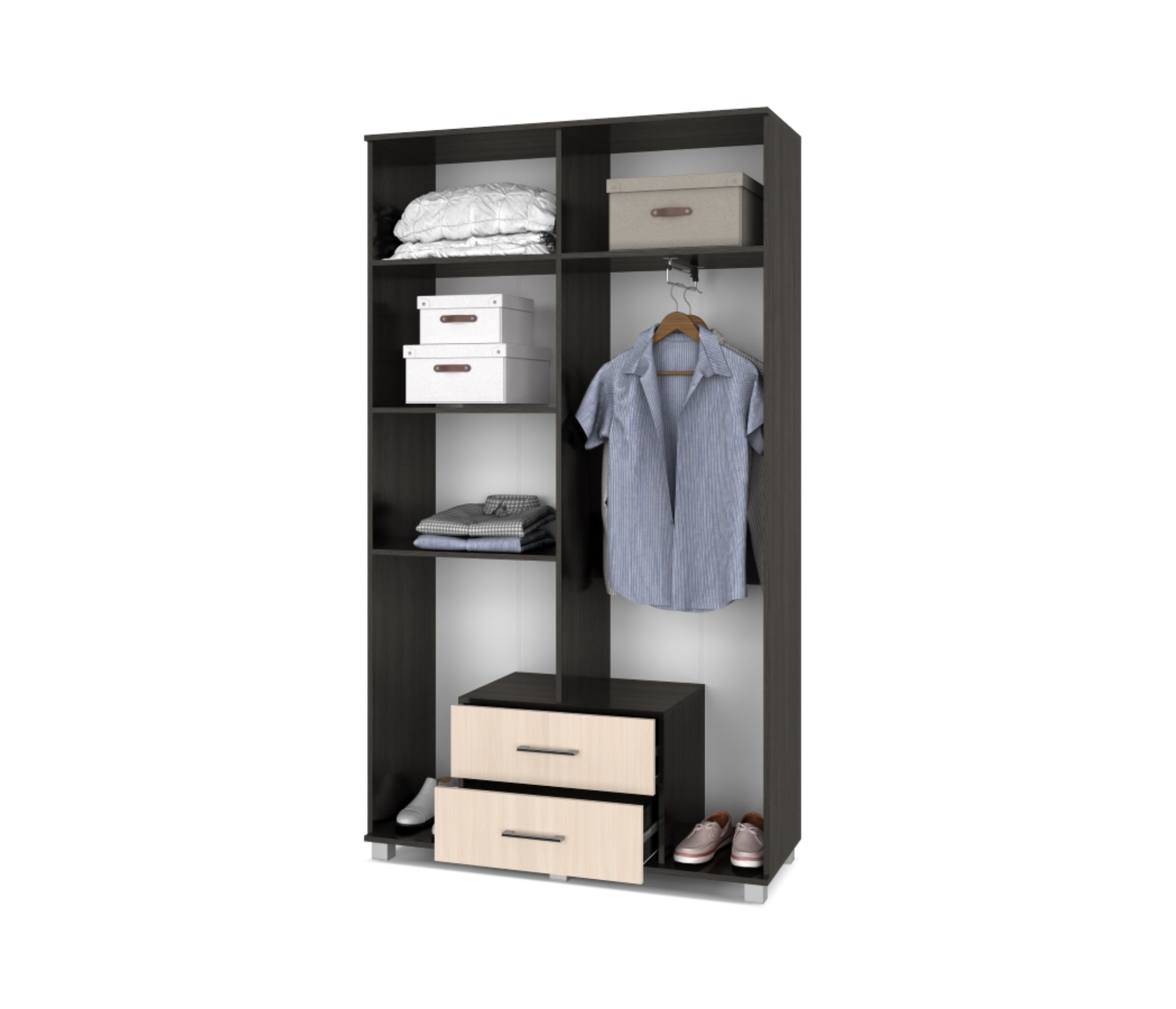 картинка Шкаф 1200 выдвижная штанга с ящиками и зеркалом Кана К43 Венге/Млечный дуб от магазина мебели