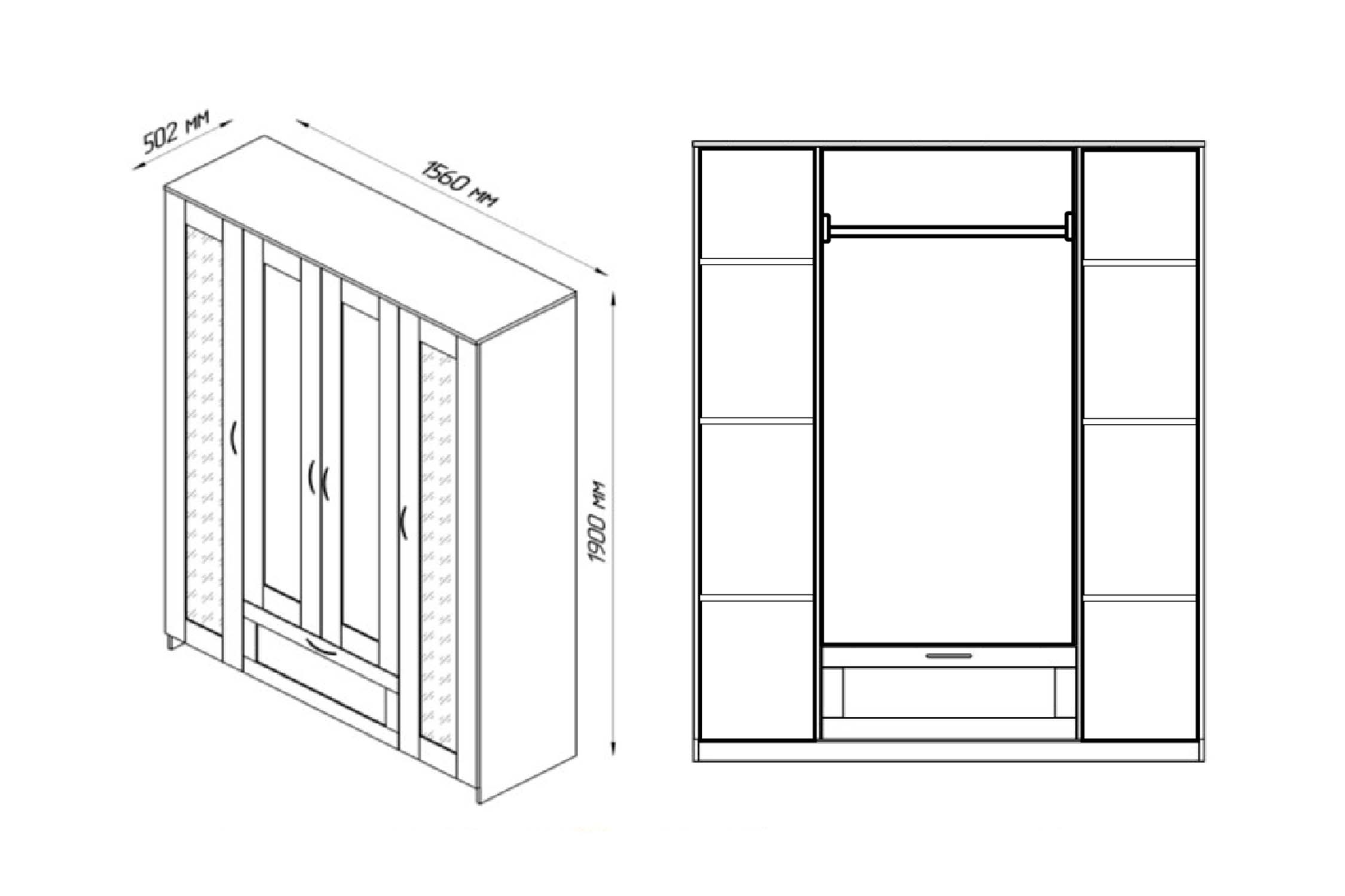 картинка Шкаф четырехстворчатый Сириус дуб сонома с одним ящиком и двумя зеркалами от магазина мебели