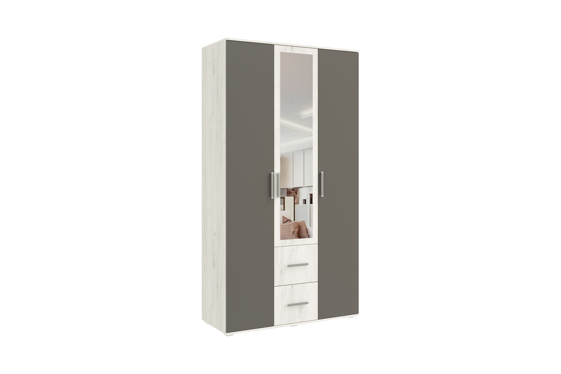 картинка Шкаф 3-х створчатый с зеркалом Фиеста New графит / дуб крафт белый от магазина мебели